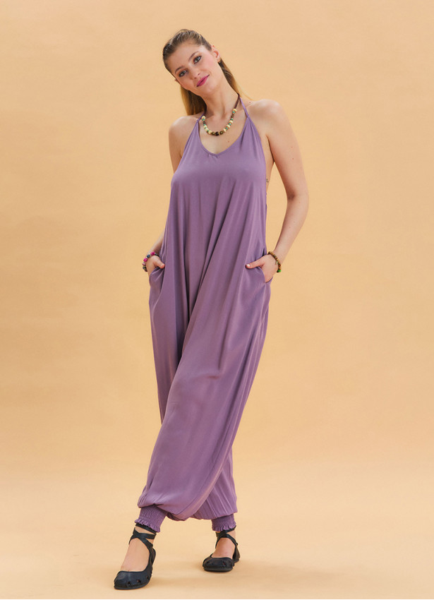 Lilac Bohemian Jumpsuit with Elasticated Legs and Tied Neck 4486